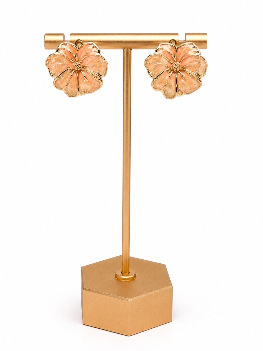 Gold Tone Peach Enamel Hibiscus Flower Stud Earrings Tropical Floral Boho Chic